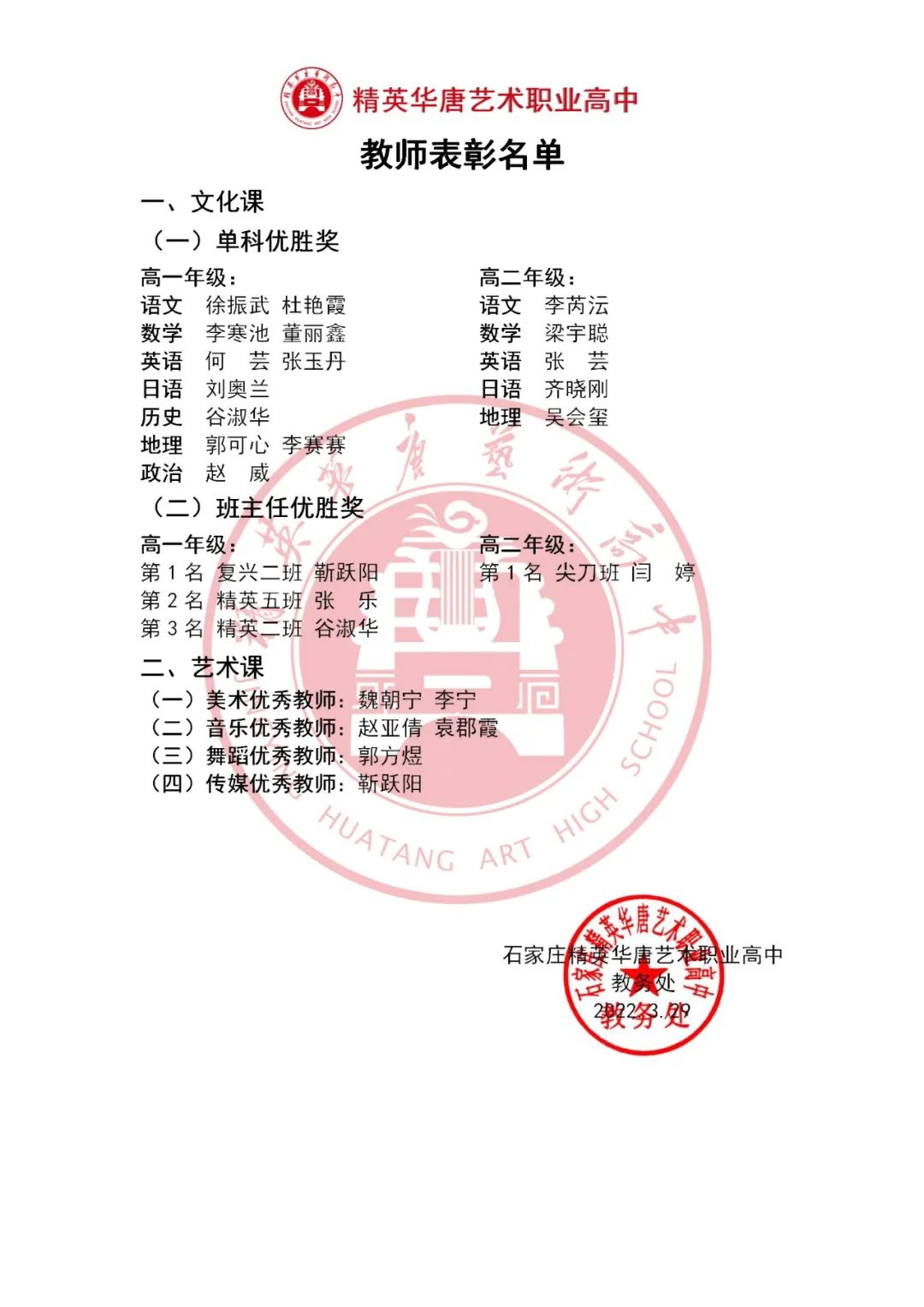 表彰大会学生、老师名单